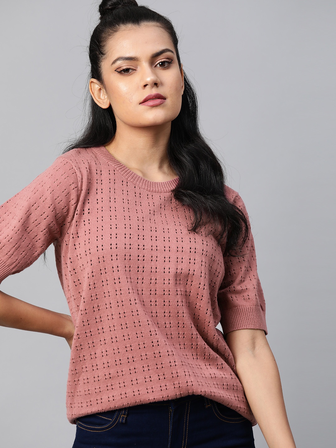 

The Roadster Lifestyle Co Pink Open Knit Crochet Knit Blouson Top
