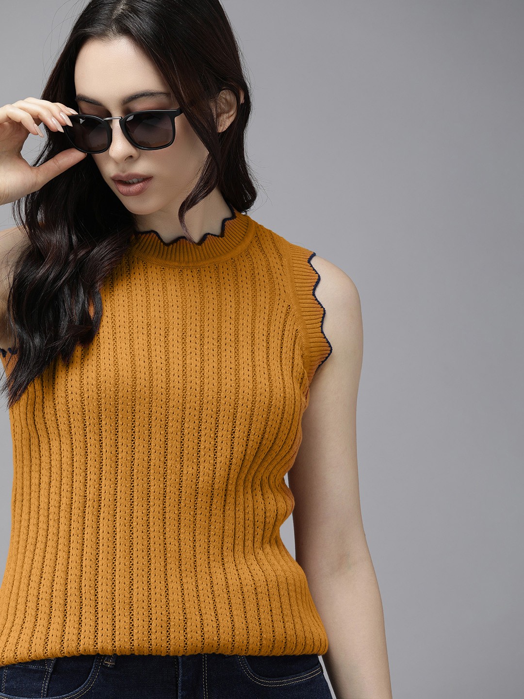 

The Roadster Lifestyle Co Mustard Yellow Crochet Knit Regular Top