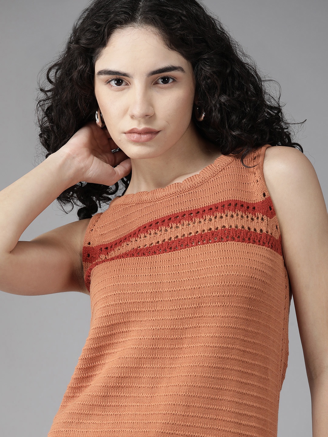 

Roadster Rust Orange Pure Cotton Knitted Self-Design Crochet Top
