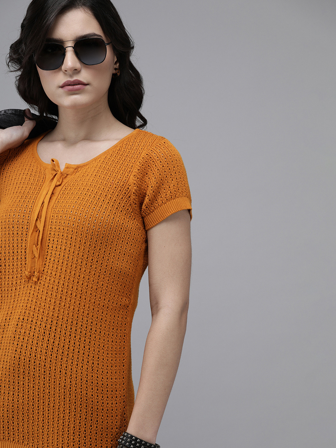 

The Roadster Lifestyle Co Women Orange Self Designed Regular Top