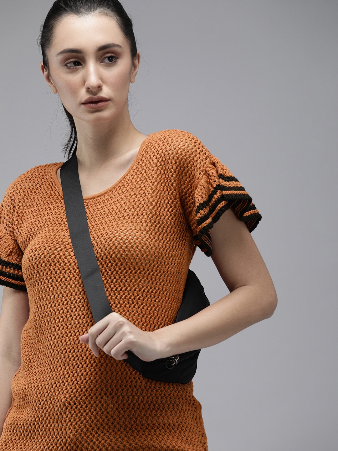 

The Roadster Lifestyle Co Women Mustard Yellow Pure Cotton Crochet Regular Top