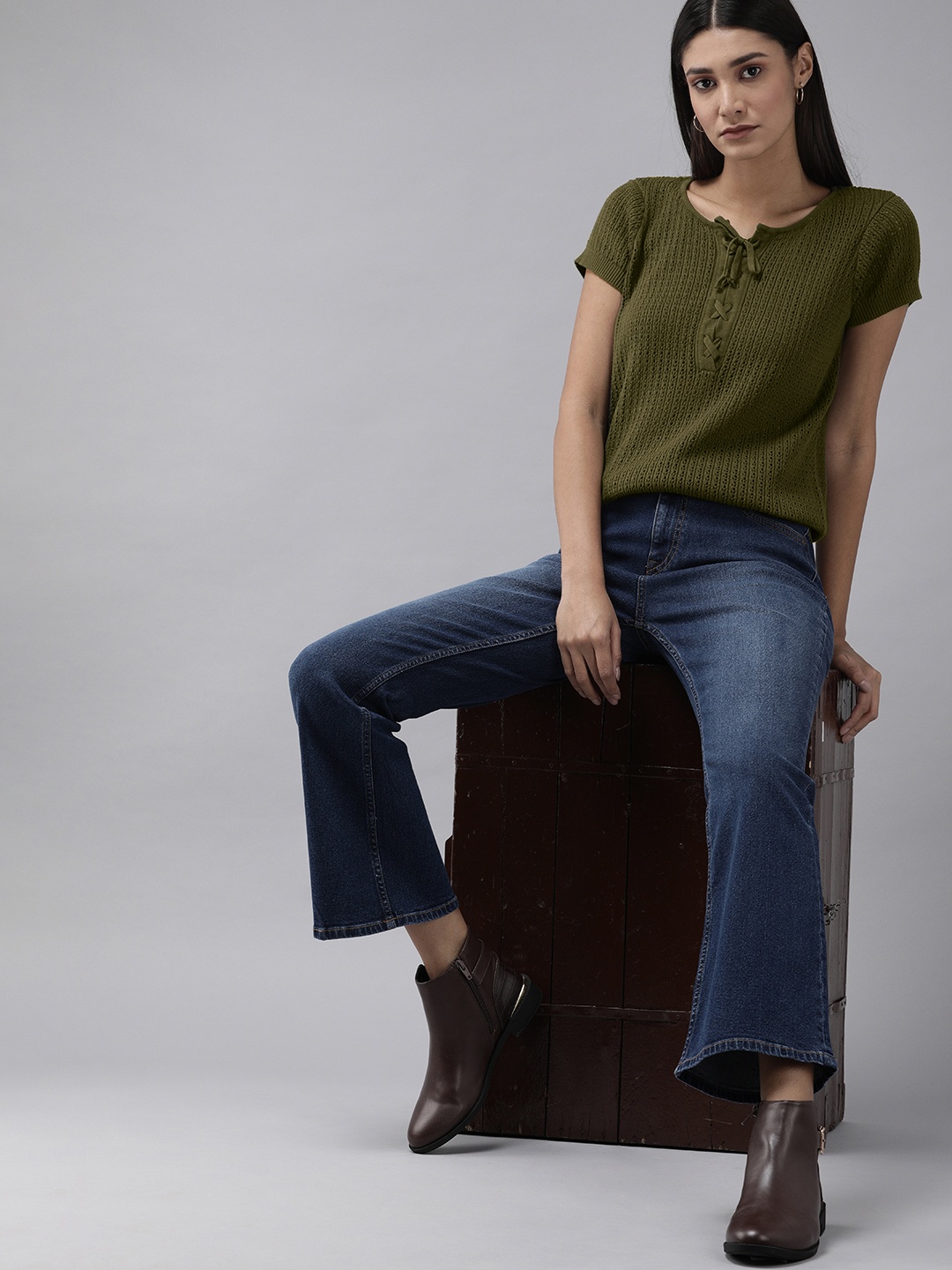 

Roadster Olive Green Tie-Up Neck Crochet Knit Top