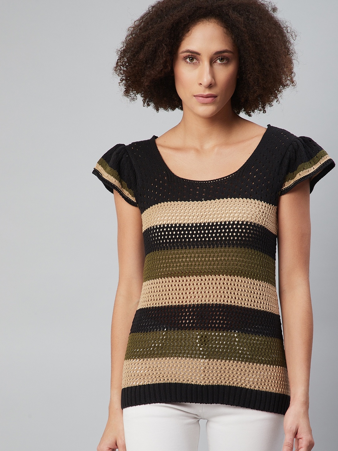 

The Roadster Lifestyle Co Beige & Black Striped Flared Sleeves Regular Crochet Knit Top