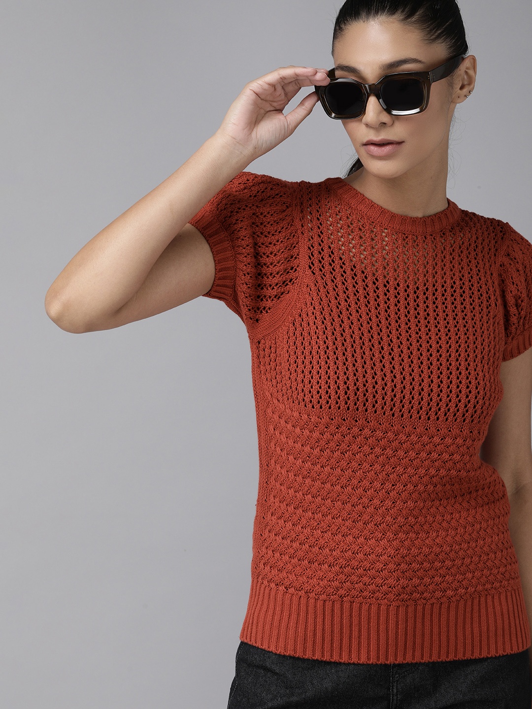 

The Roadster Lifestyle Co Red Pure Cotton Crochet Knit Regular Top, Rust
