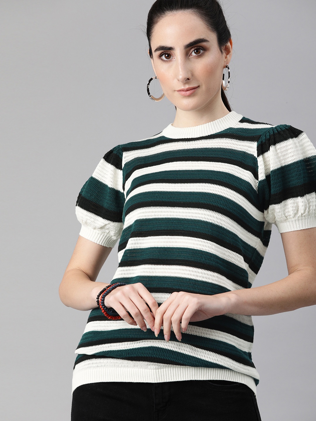 

The Roadster Lifestyle Co White & Black Striped Puff Sleeve Regular Top