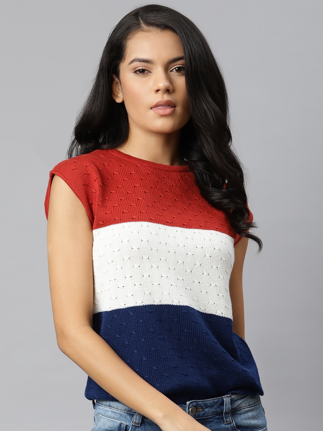 

The Roadster Lifestyle Co Women Crochet Knit Red White Cotton Colourblocked Extended Sleeves Regular Top