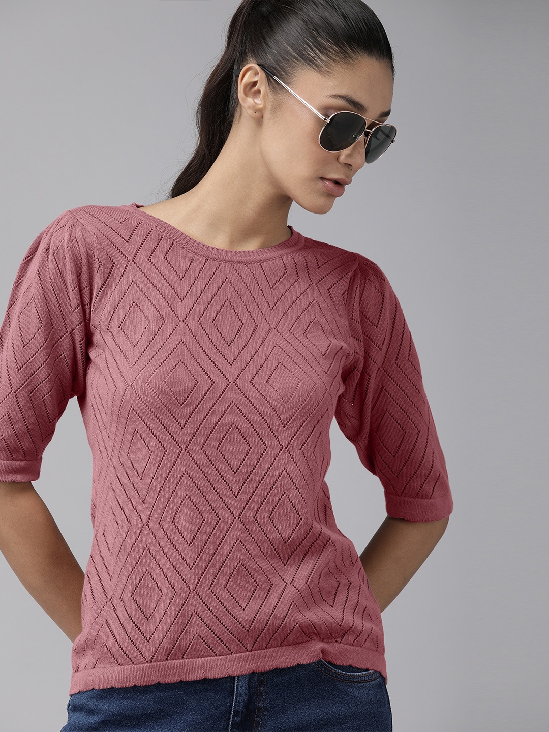 

The Roadster Lifestyle Co Pink Geometric Crochet Pure Cotton Top