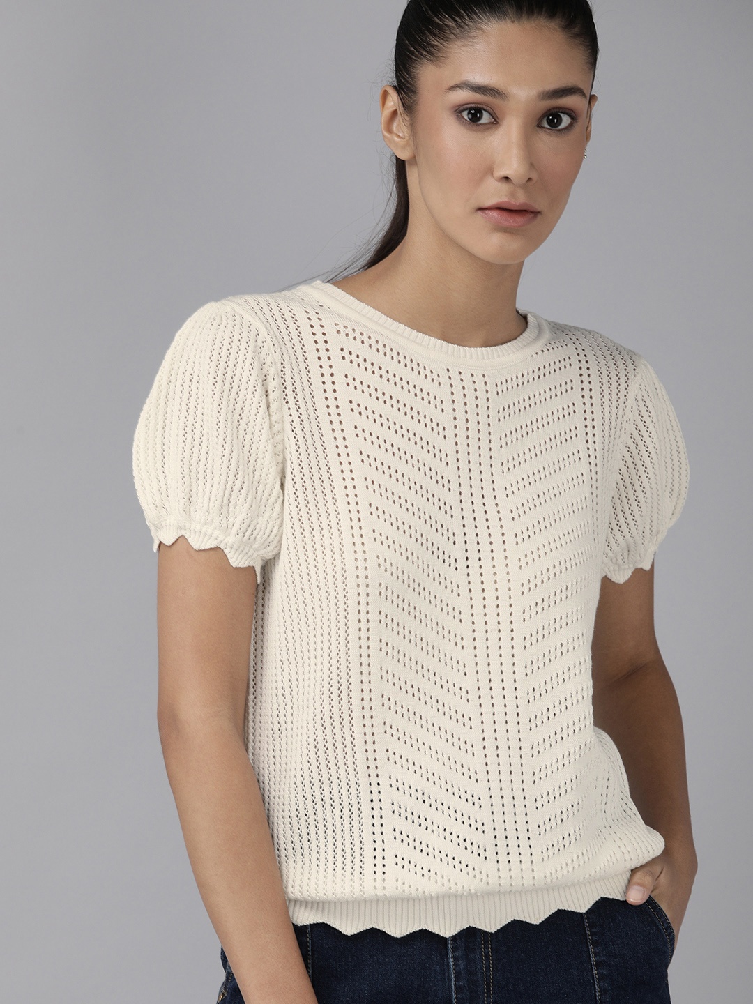 

Roadster Women Off White Self Design Crochet Top