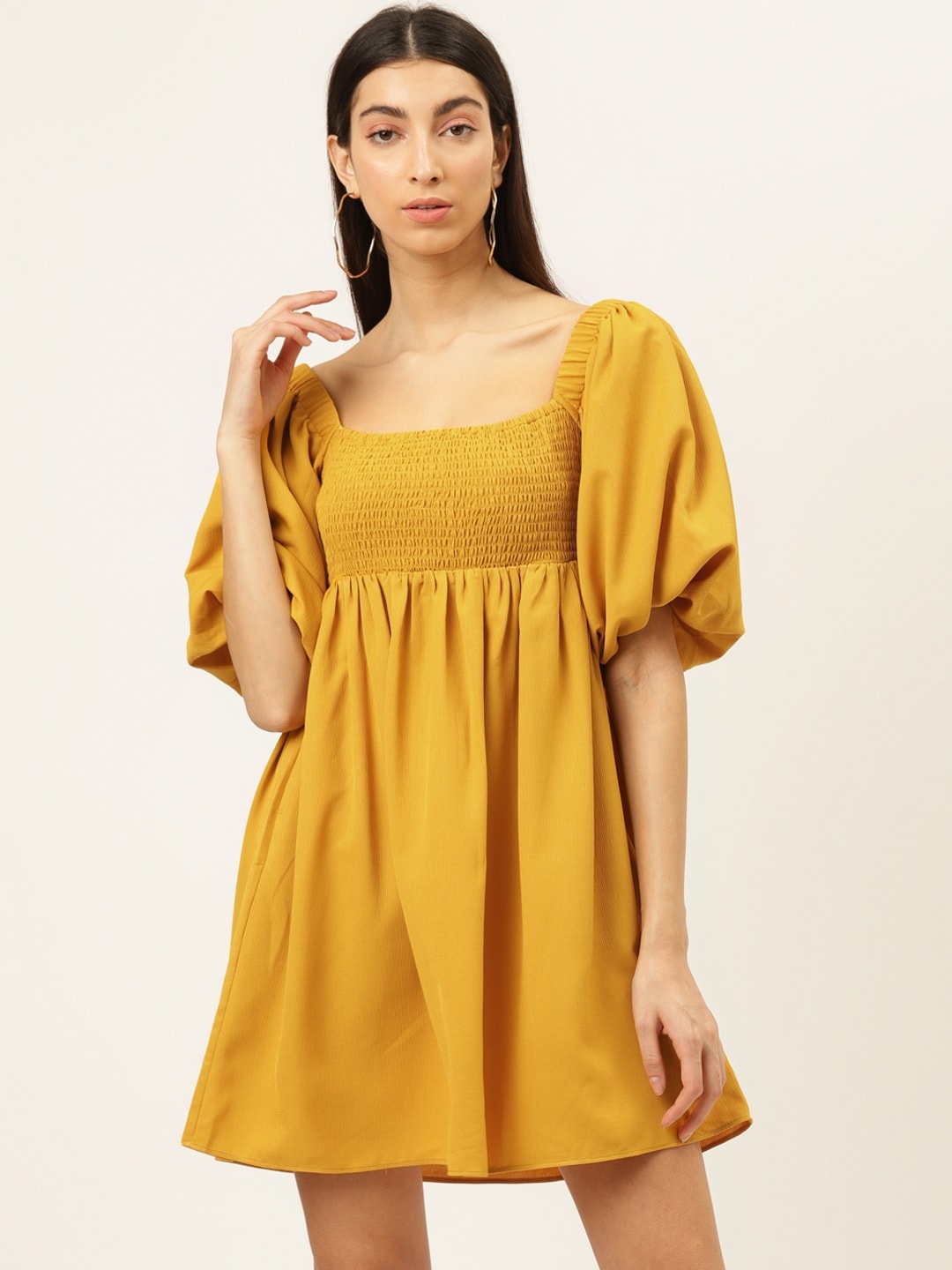 

20Dresses Women Mustard Yellow Smocked Detail Solid A-Line Dress