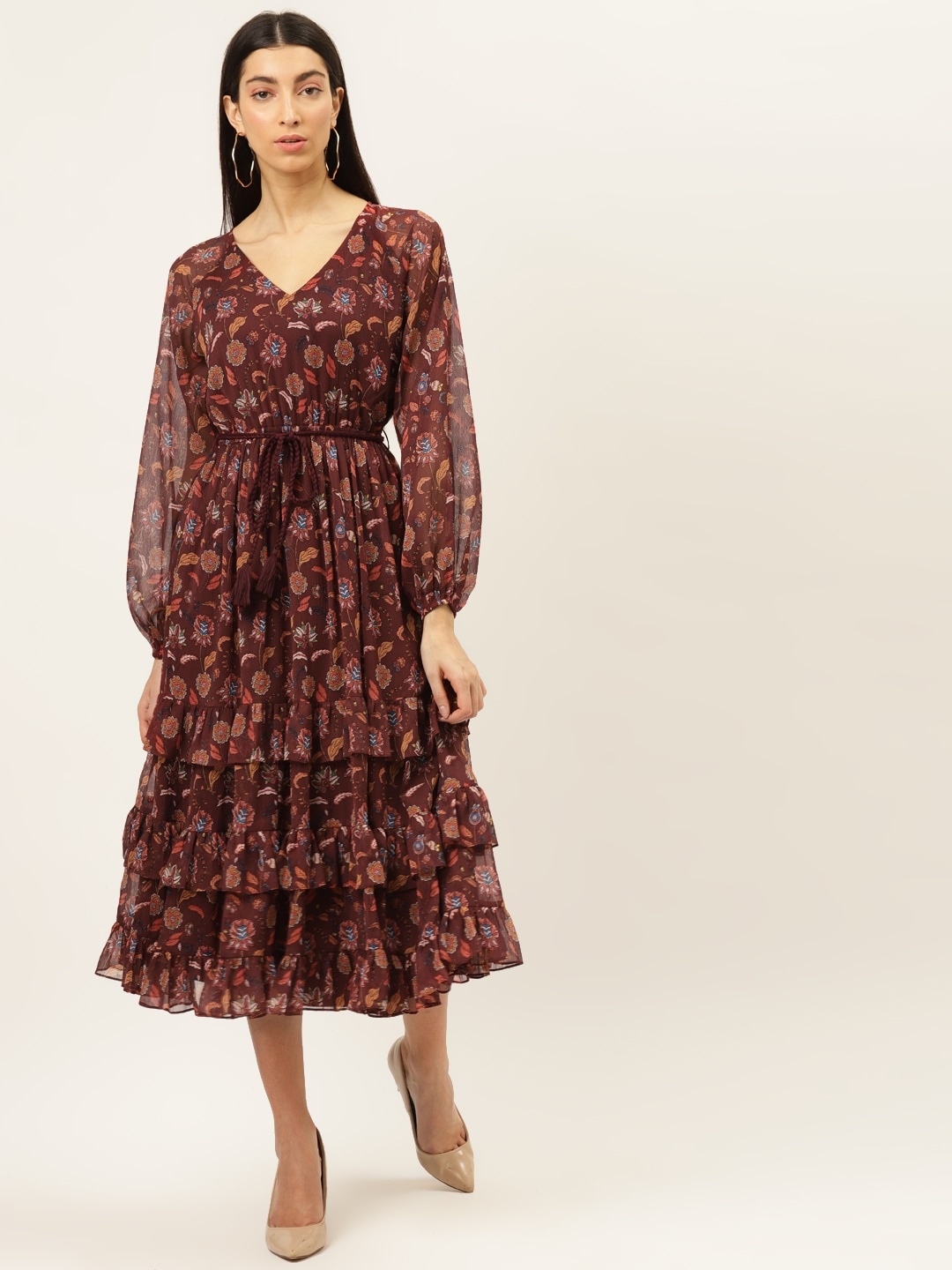 

20Dresses Maroon Floral Printed Tiered A-Line Dress