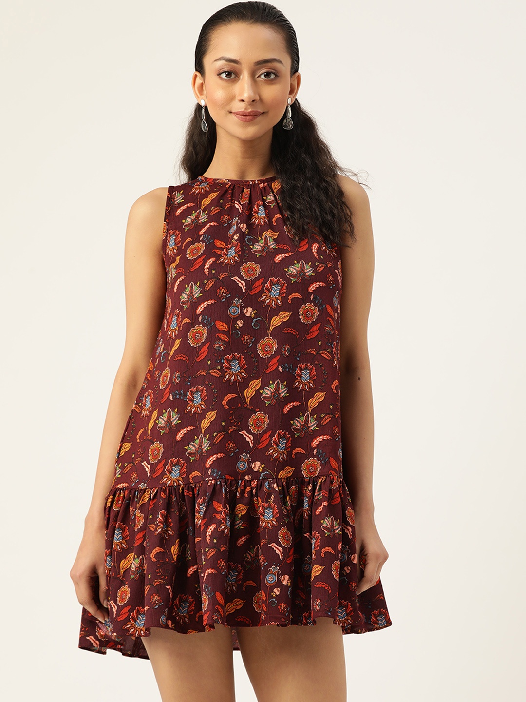 

20Dresses Women Maroon & Orange Printed High-Low A-Line Dress