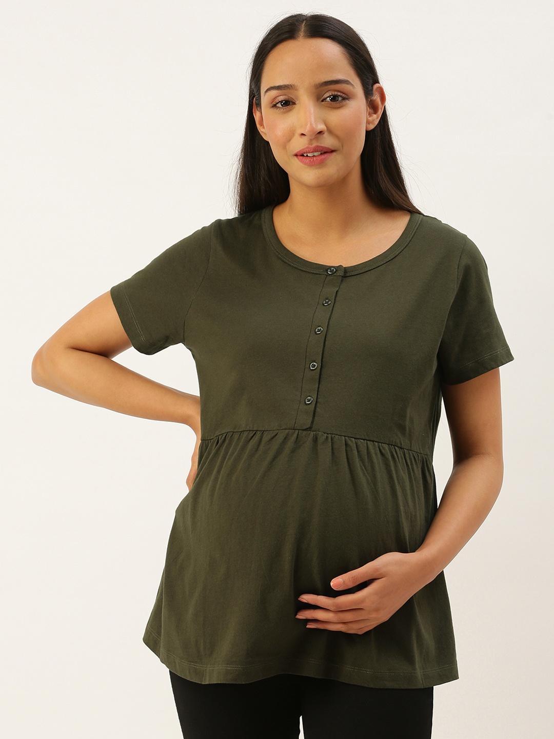 

Nejo Olive Green Solid Pleated Pure Cotton Maternity A-Line Top
