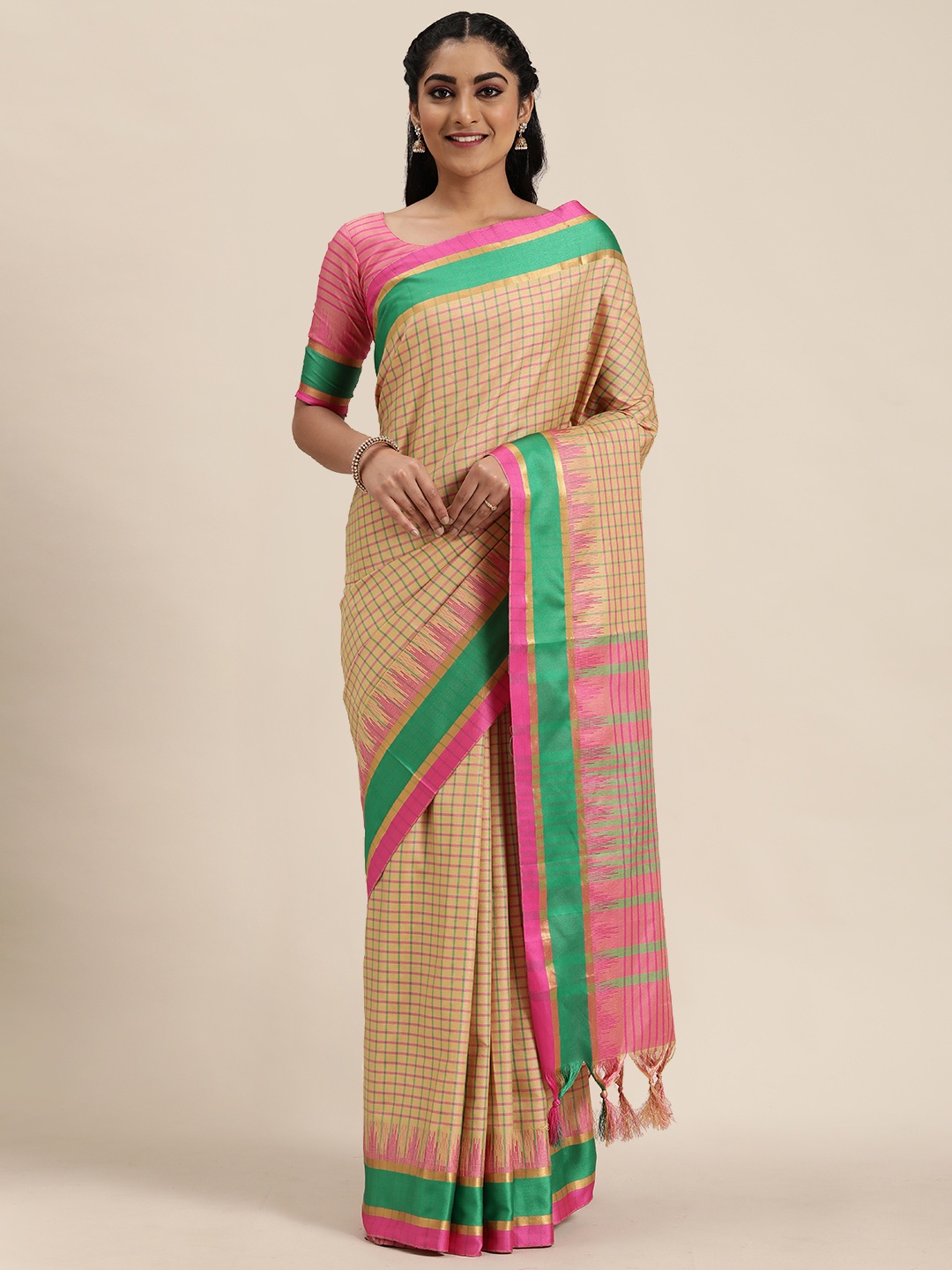 

LADUSAA Beige & Pink Checked Ikat Saree
