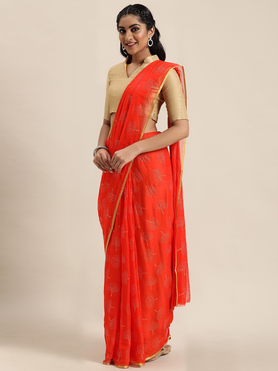 

LADUSAA Orange Embellished Saree