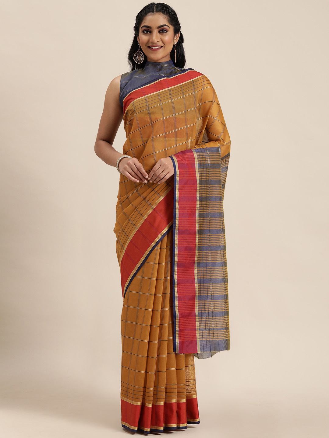 

LADUSAA Mustard Yellow & Blue Checked Saree