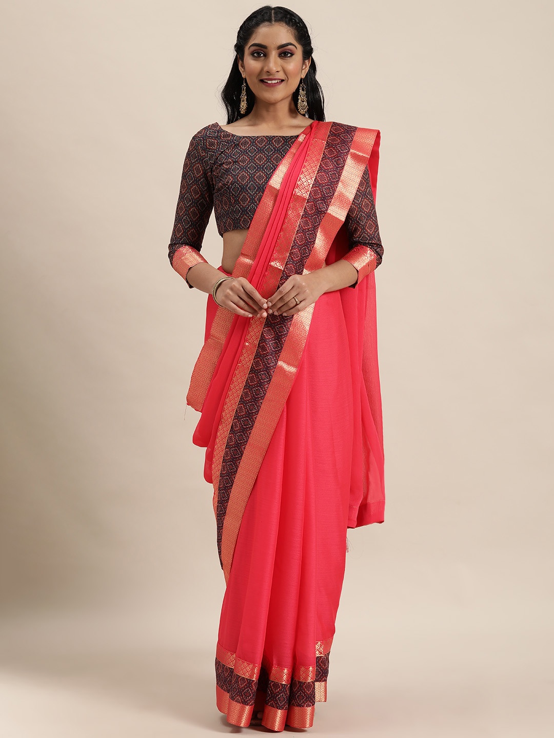 

LADUSAA Pink Pure Chiffon Solid Pochampally Saree
