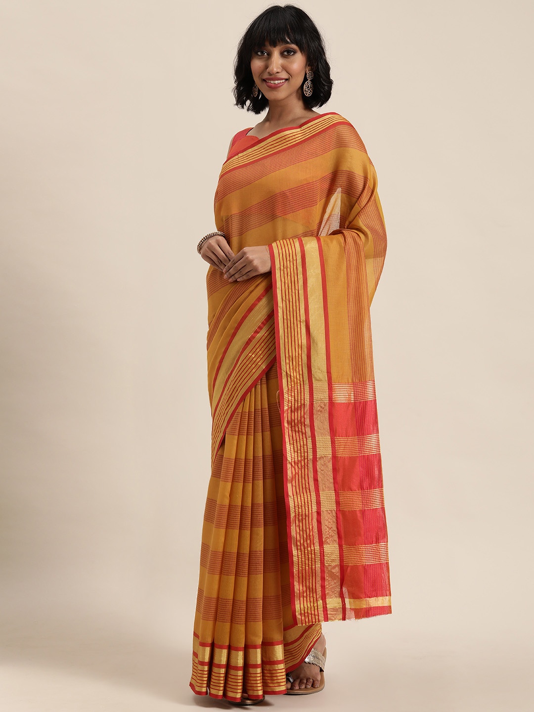

LADUSAA Mustard Yellow & Red Striped Saree