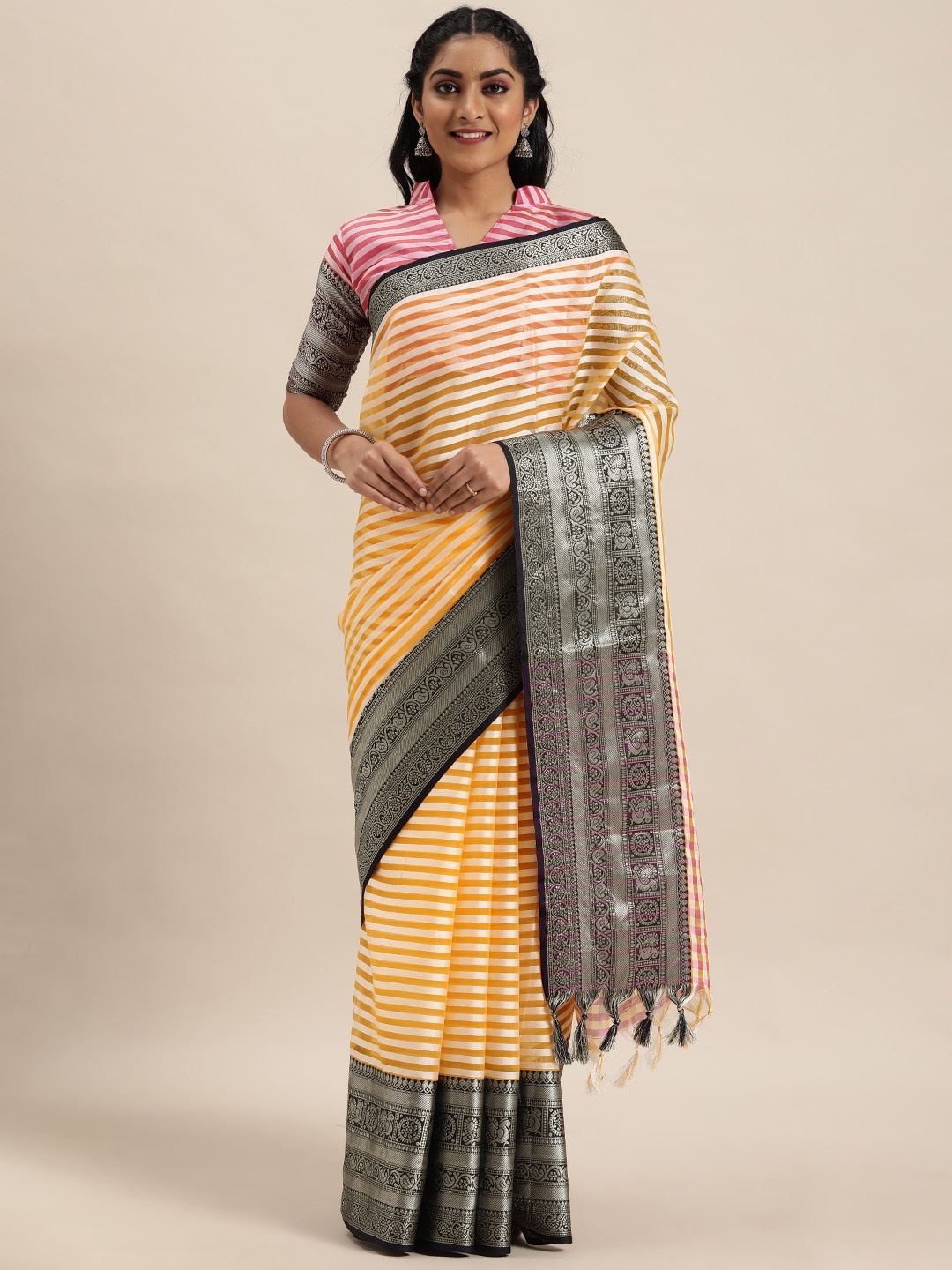 

LADUSAA Mustard Yellow & White Organza Striped Kanjeevaram Saree