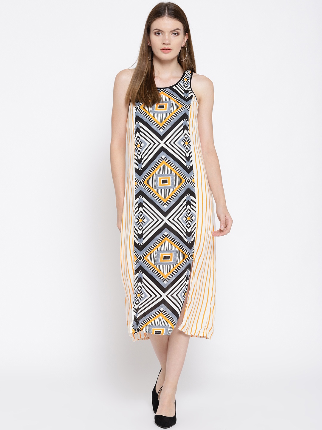 

Vero Moda Cream-Coloured & Yellow Abstract Print Midi Dress