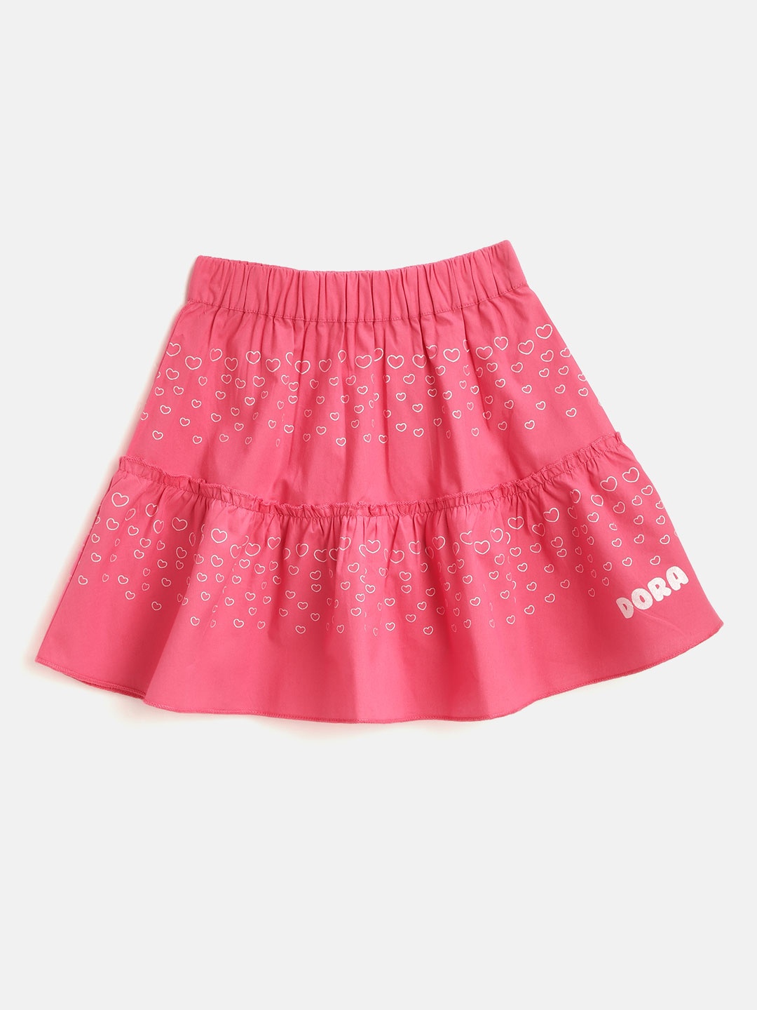 

toothless Girls Pink & Silver Dora Heart Print Pure Cotton Tiered Flared Skirt