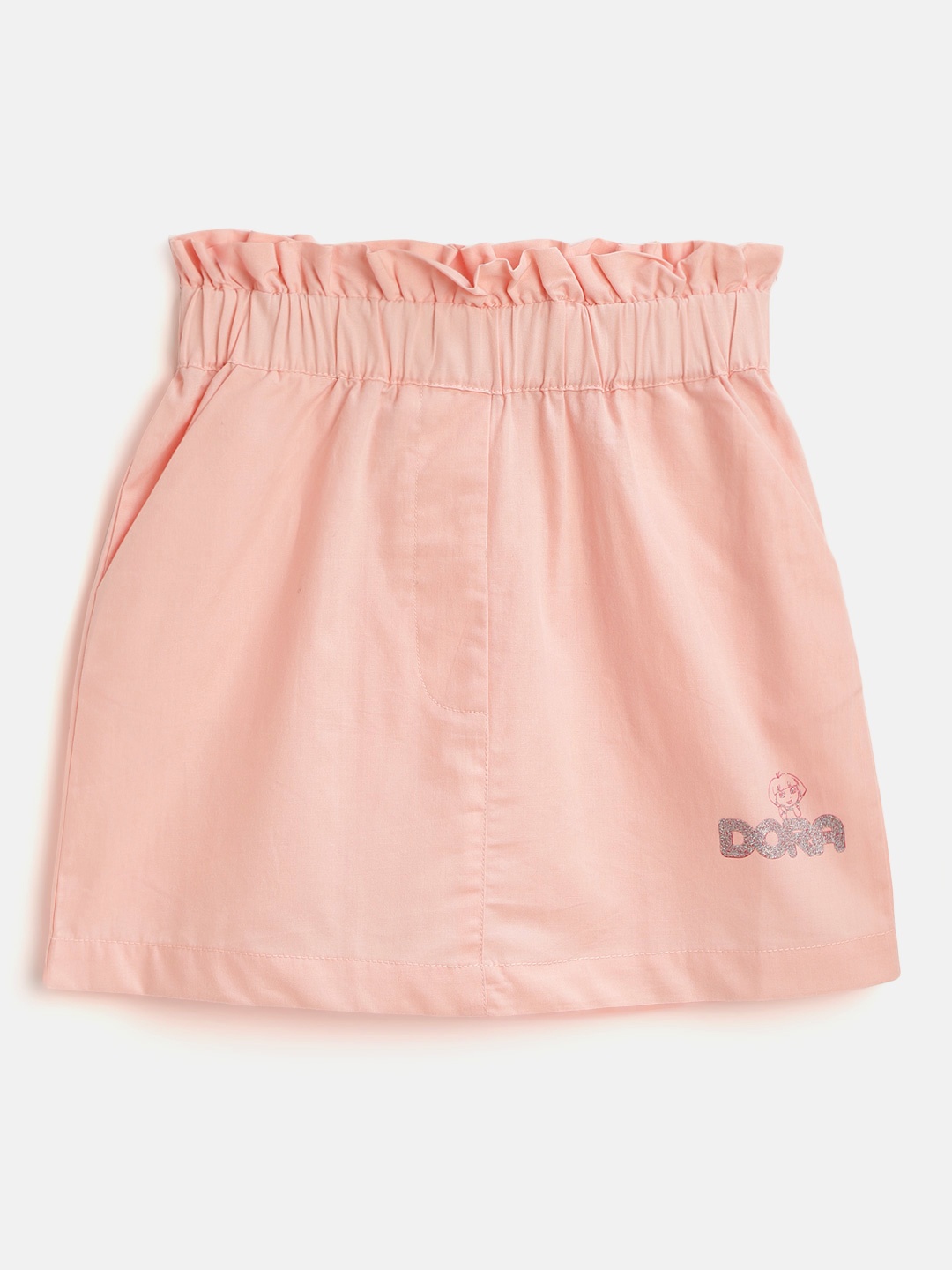 

toothless Girls Peach-Coloured Solid Dora Print Detail Pure Cotton A-Line Skirt