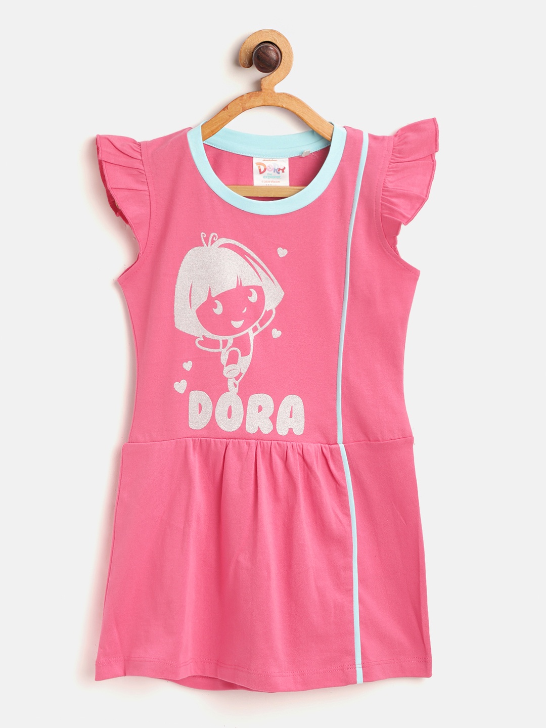 

toothless Girls Pink & Silver-Toned Shimmer Print Pure Cotton Dora A-Line Dress