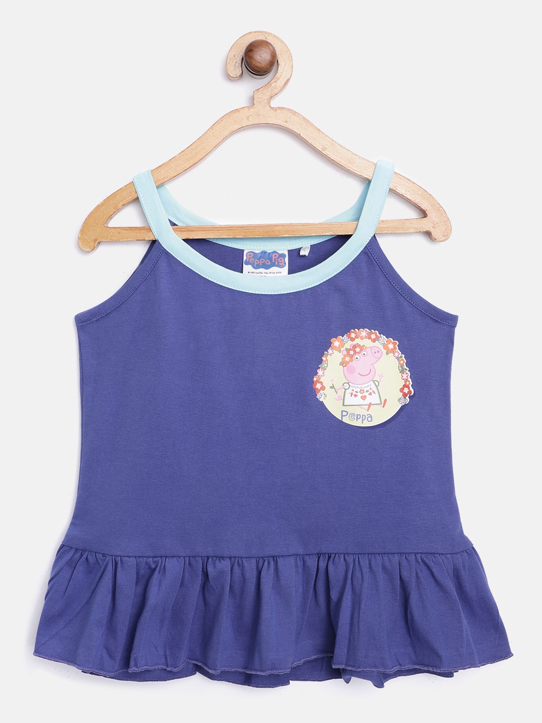 

toothless Girls Blue Solid with Printed Peppa Pig Pure Cotton Shoulder Straps A-Line Top