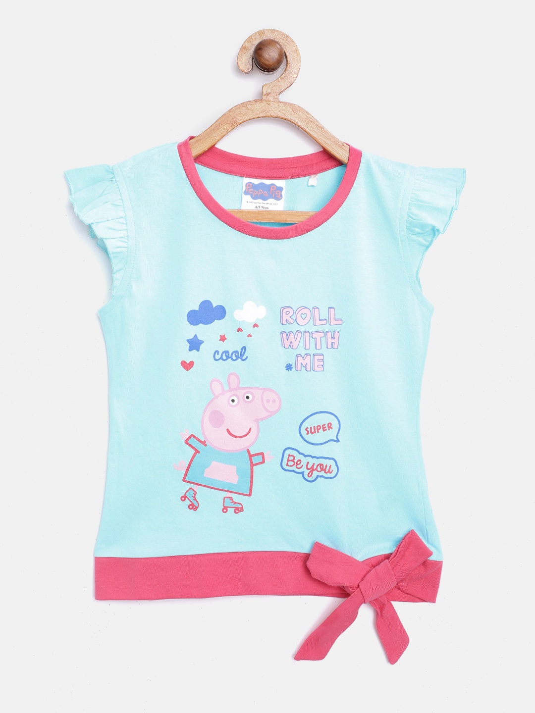 

toothless Girls Blue & Pink Peppa Pig Flutter Sleeves Tie-Up Detail Pure Cotton Top