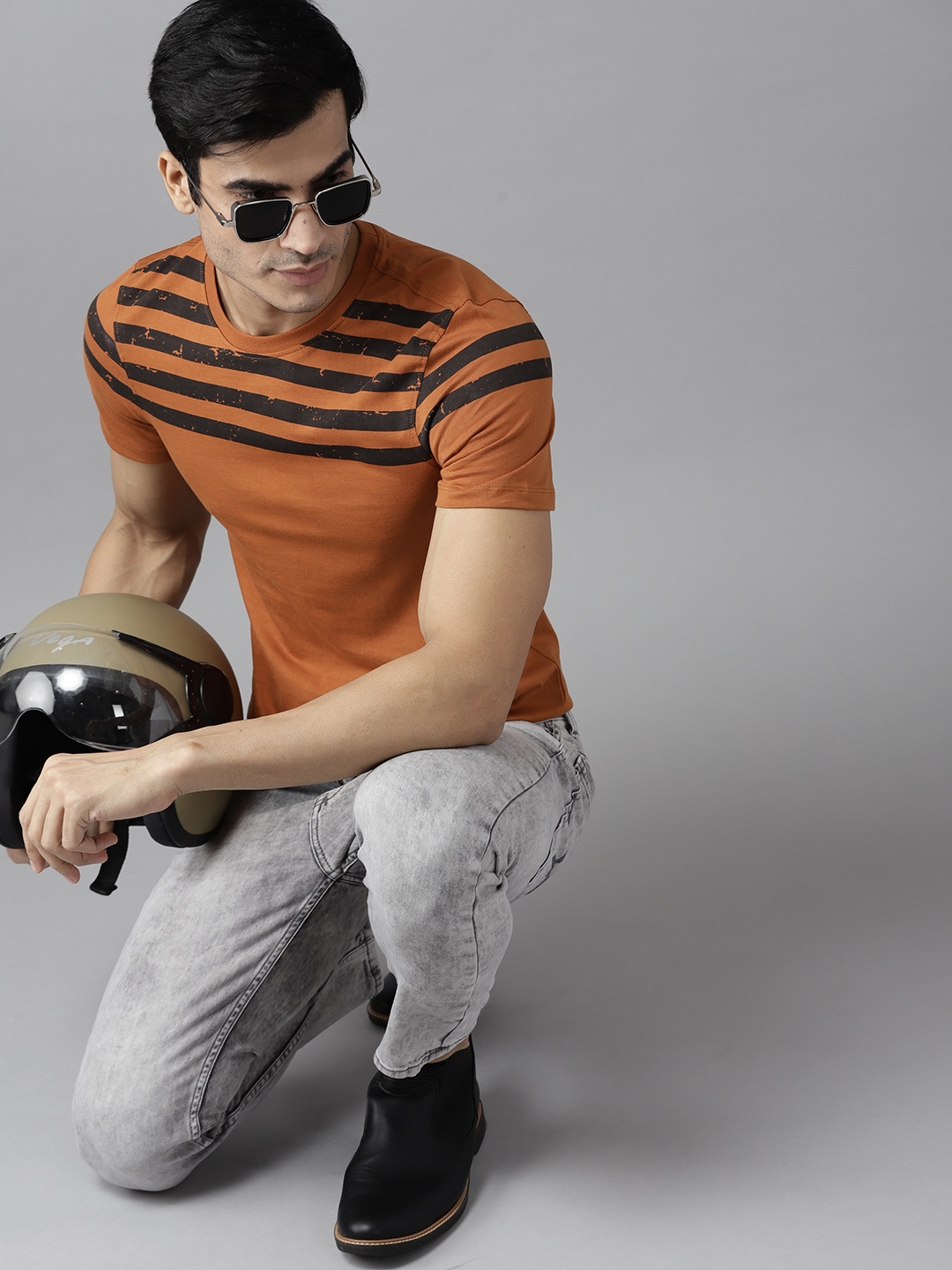 

The Roadster Lifestyle Co Men Mustard Yellow & Charcoal Grey Cotton Striped T-shirt