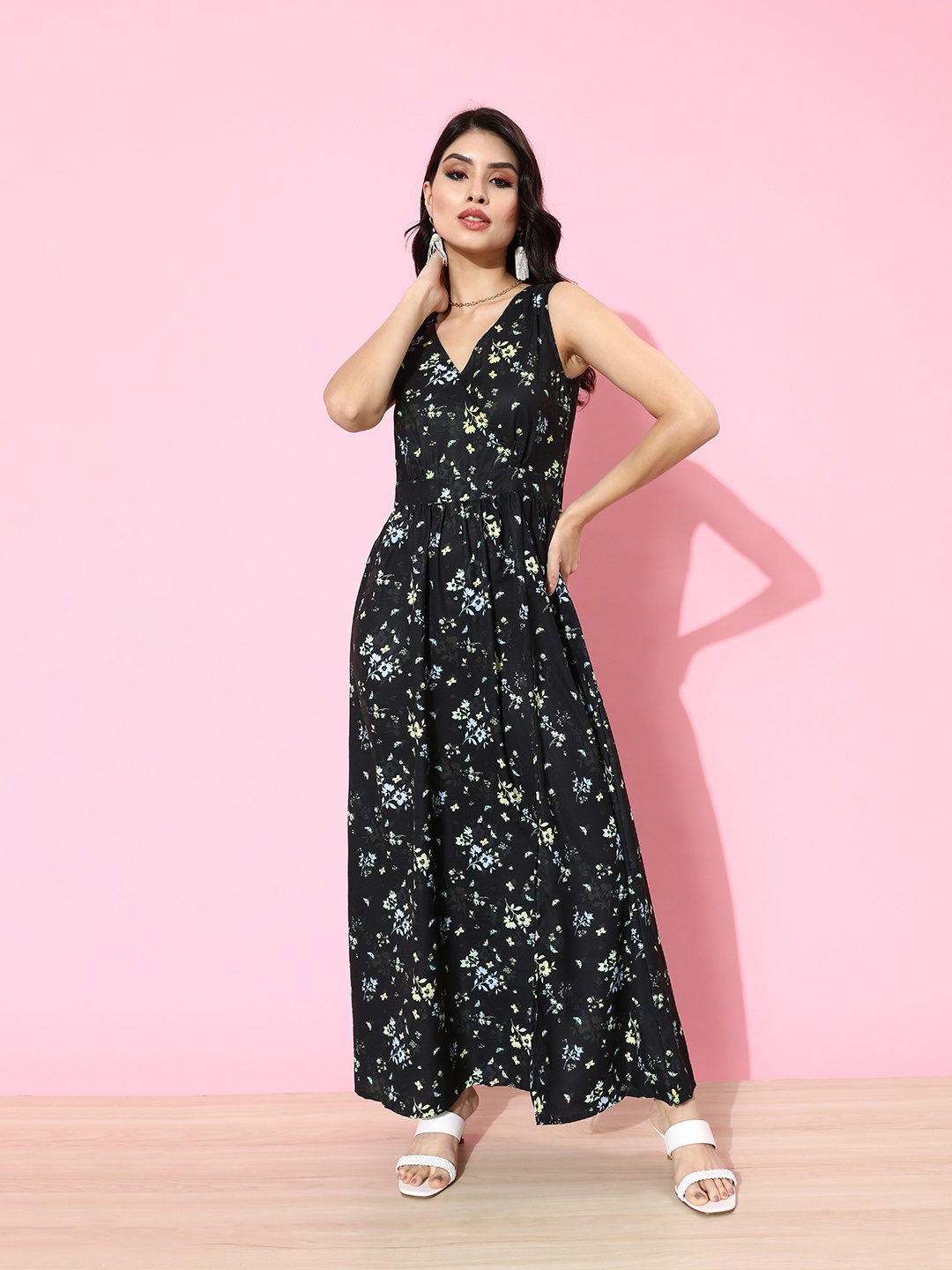 

DressBerry Black & Yellow Floral Print Front Slit Wrap Maxi Dress