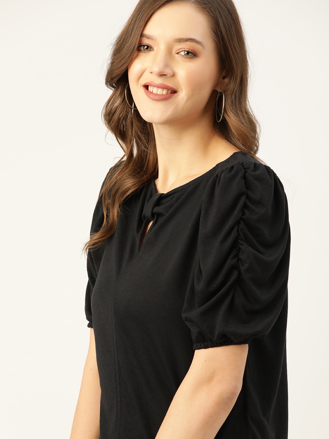 

DressBerry Black Solid Keyhole Neck Puff Sleeve Regular Top