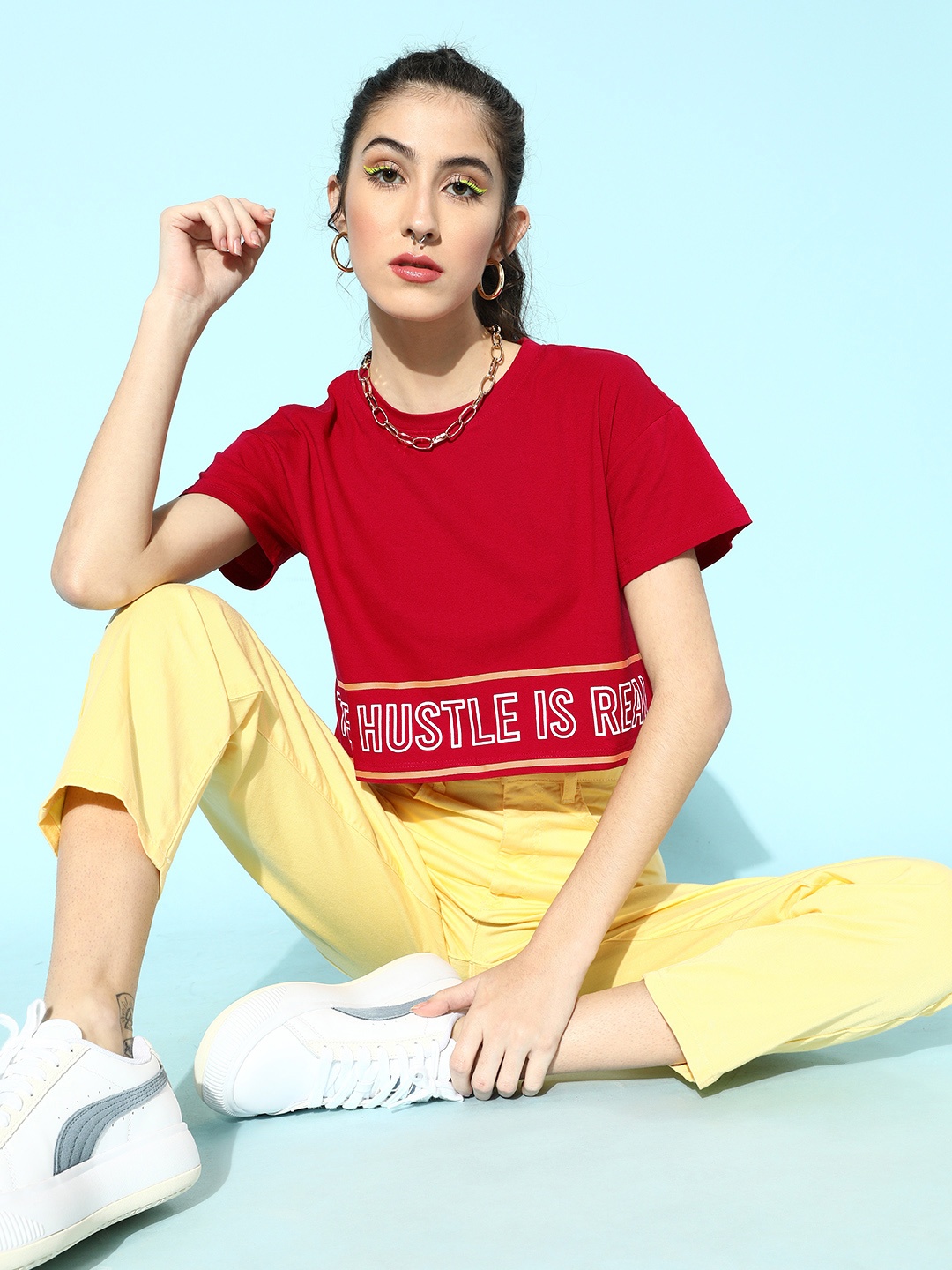 

DressBerry Women Gorgeous Red Typography Cropped Pure Cotton T-shirt
