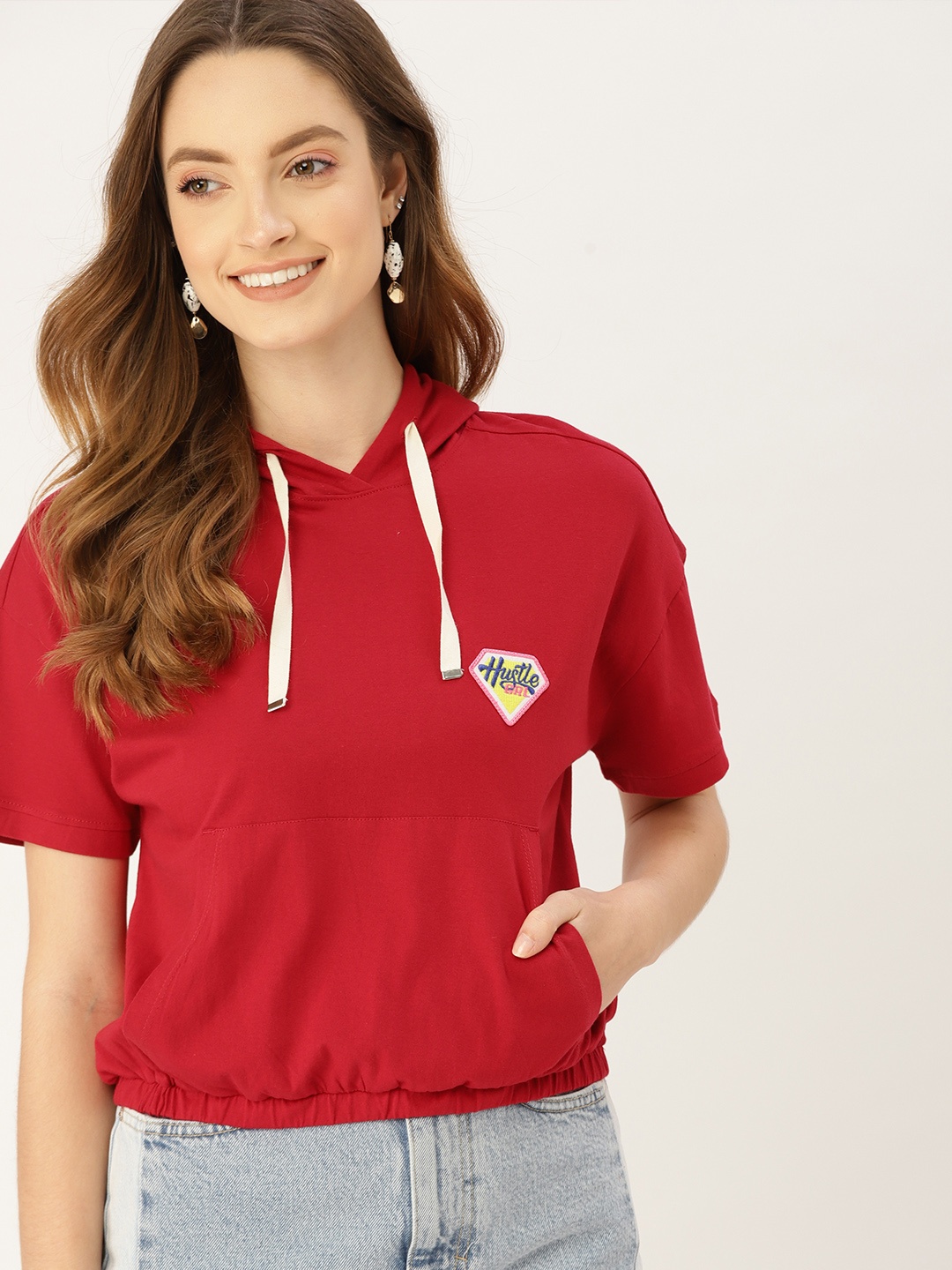 

DressBerry Women Red Solid Cotton Applique Gathered Blouson Top