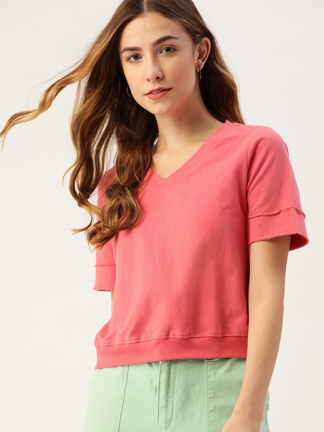 

DressBerry Women Pink Cotton Solid T-shirt