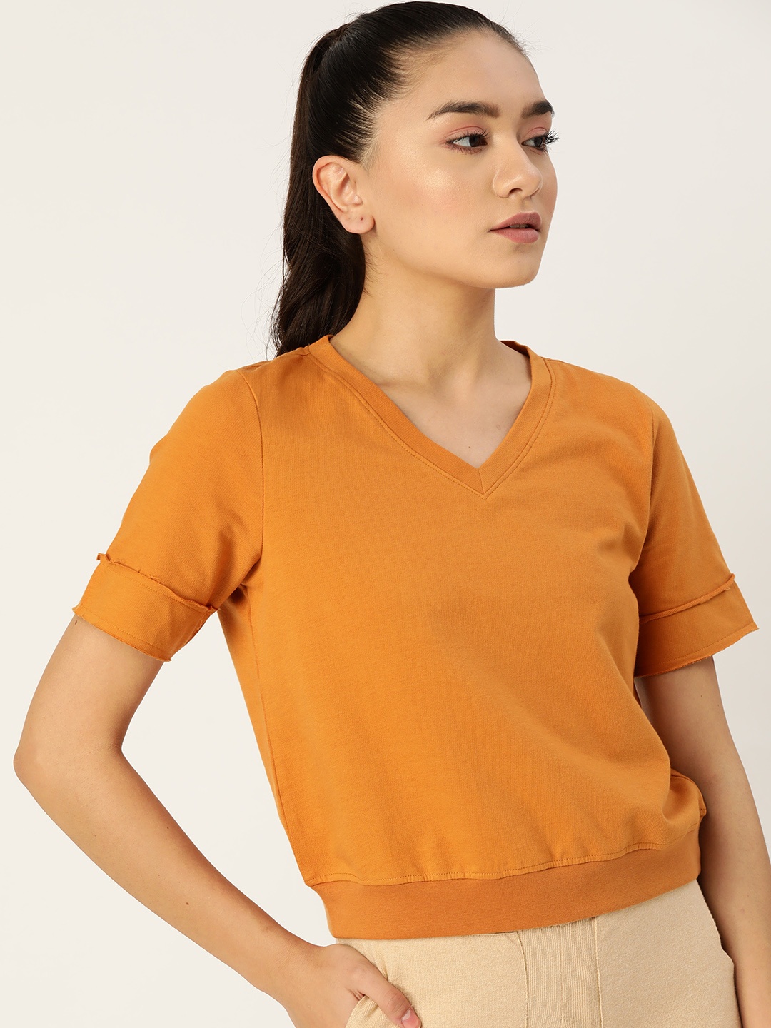 

DressBerry Women Mustard Yellow Pure Cotton Solid V-Neck Pure Cotton T-shirt