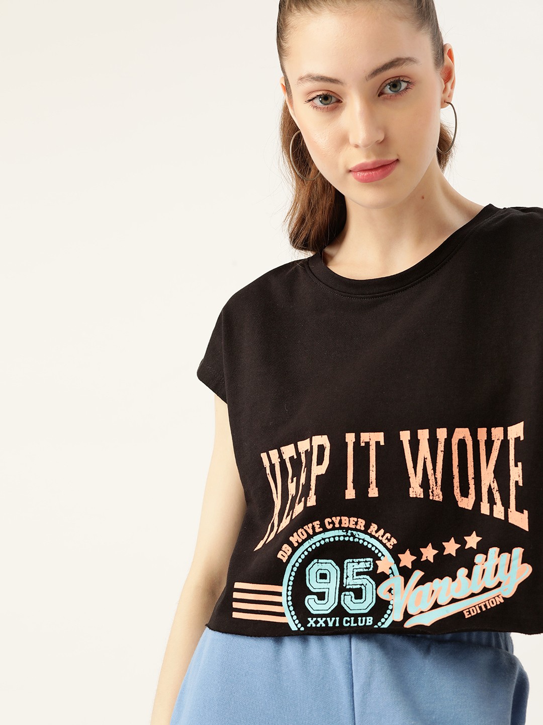 

DressBerry Women Black & Pink Typography Printed Cotton Extended Sleeves Boxy T-shirt