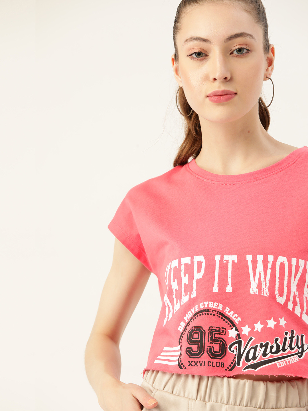 

DressBerry Women Pink & White Typography Printed Cotton Extended Sleeves Boxy T-shirt