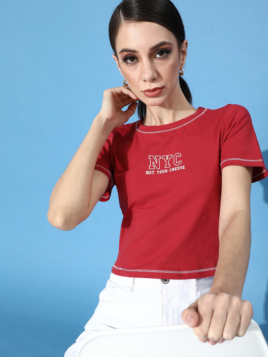 

DressBerry Women Red & White Typography Printed T-shirt