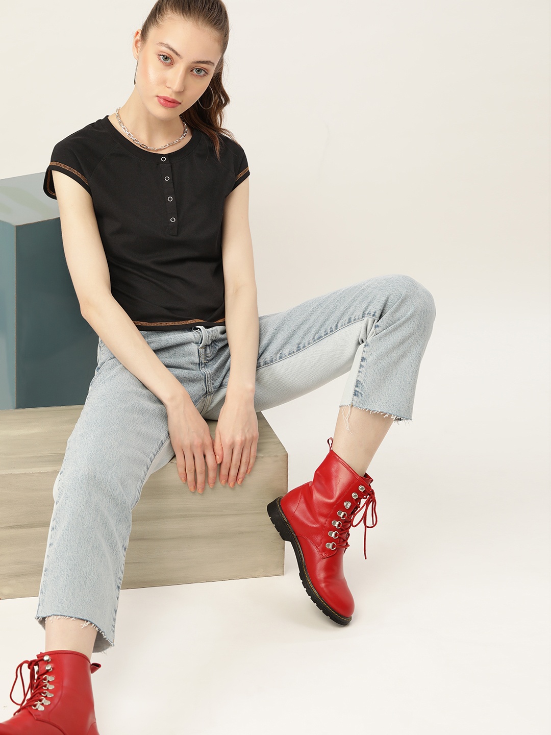 

DressBerry Women Black Henley Neck T-shirt