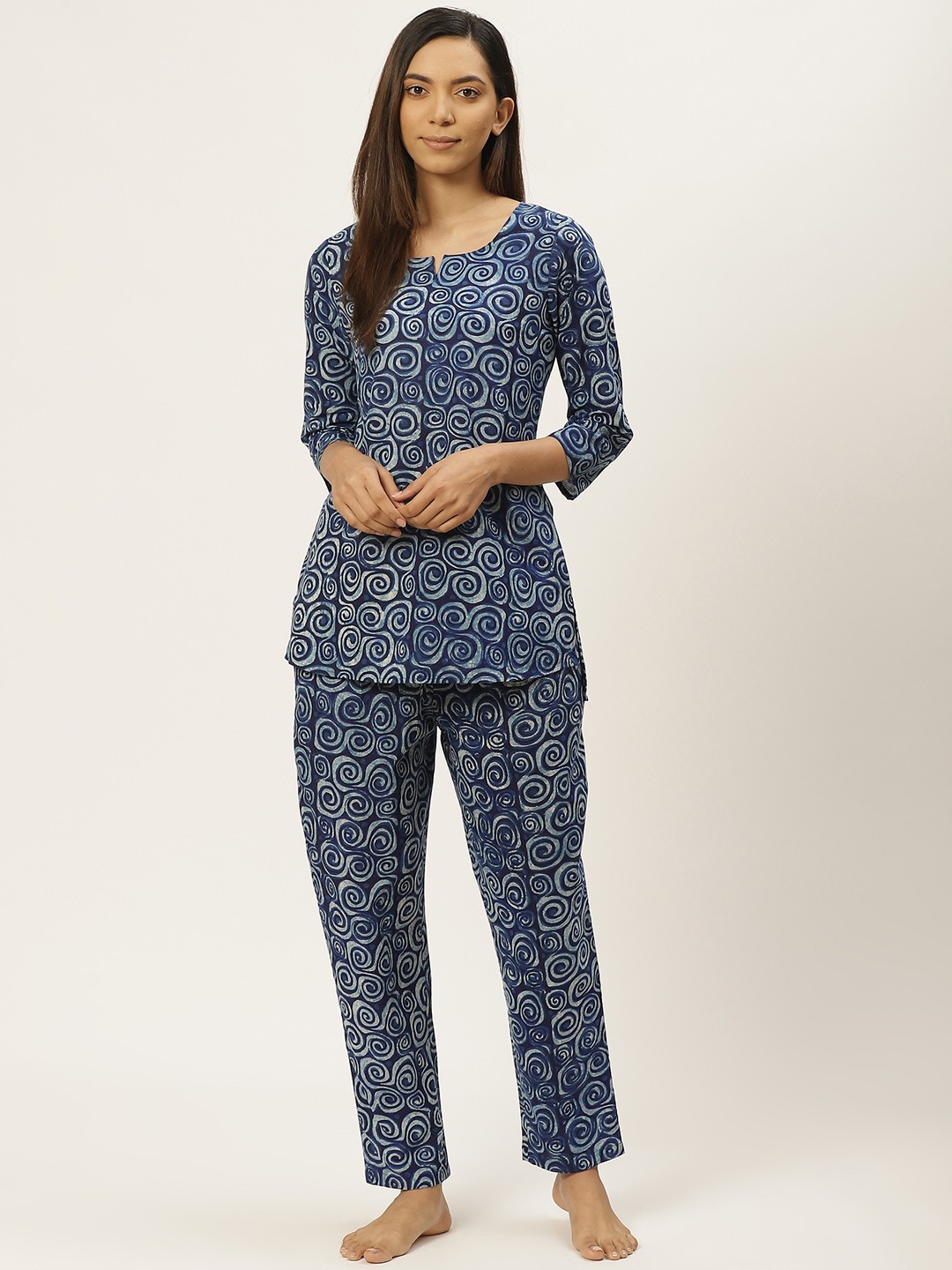 

Prakrti Women Blue Pure Cotton Handblock Print Sustainable Night suit