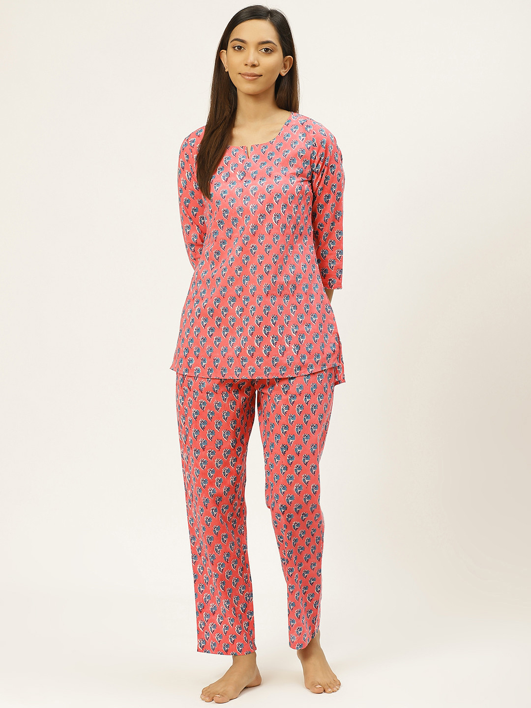 

Prakrti Women Coral Pink & Blue Handblock Print Pure Cotton Sustainable Night suit