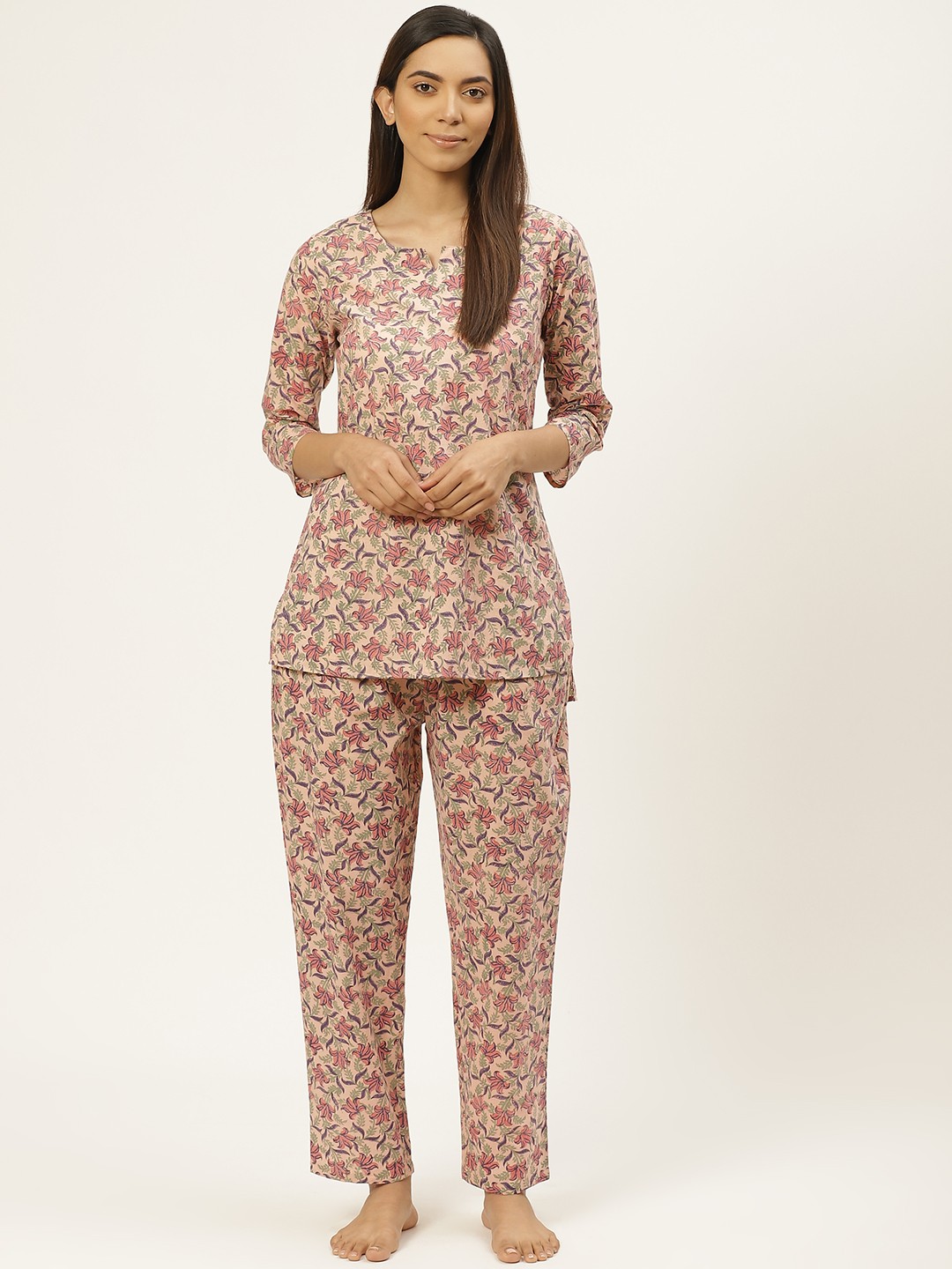 

Prakrti Women Peach-Coloured & Green Floral Printed Pure Cotton Sustainable Night suit