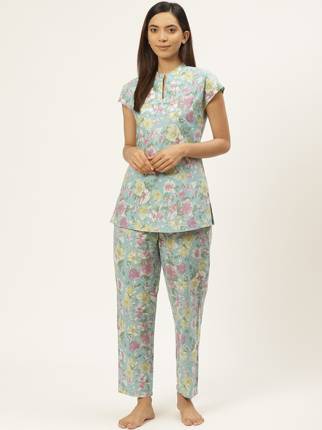 

Prakrti Women Blue & Pink Floral Printed Pure Cotton Night suit