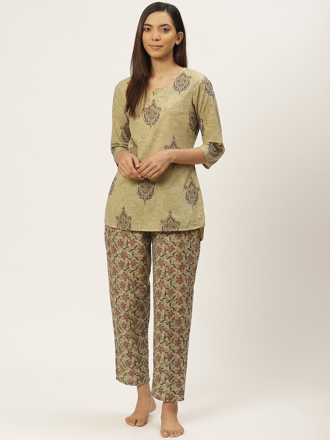 

Prakrti Women Olive Green & Purple Pure Cotton Printed Sustainable Night suit