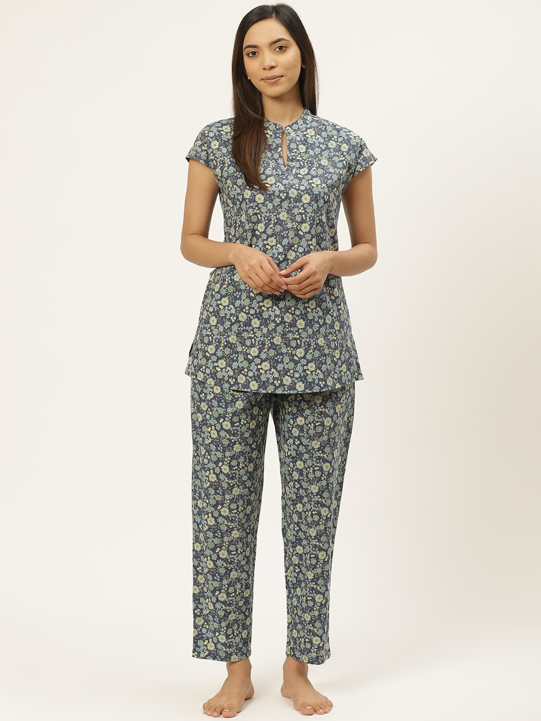

Prakrti Women Blue & Yellow Floral Print Pure Cotton Night suit