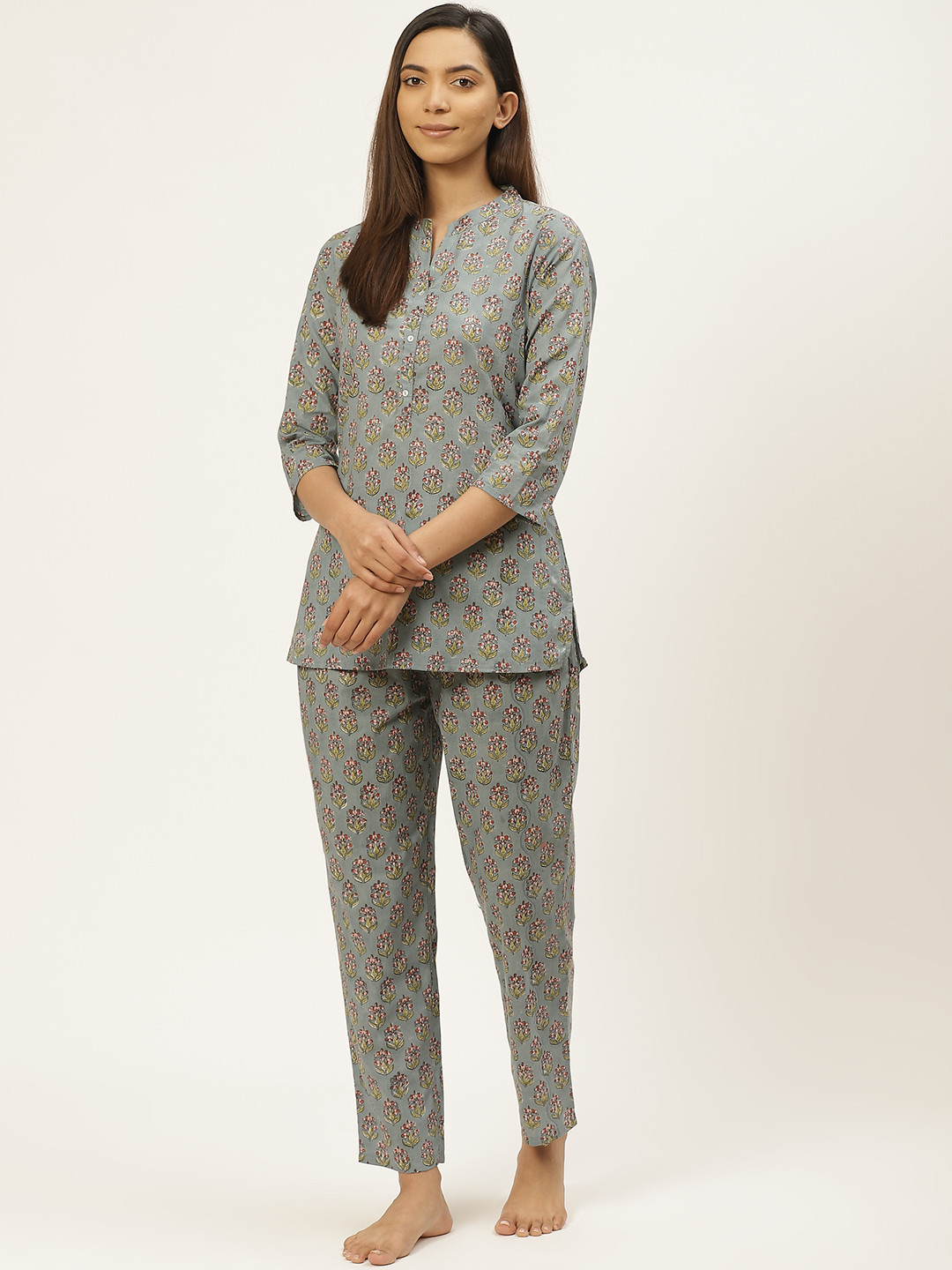 

Prakrti Women Grey & Yellow Floral Printed Pure Cotton Sustainable Night suit