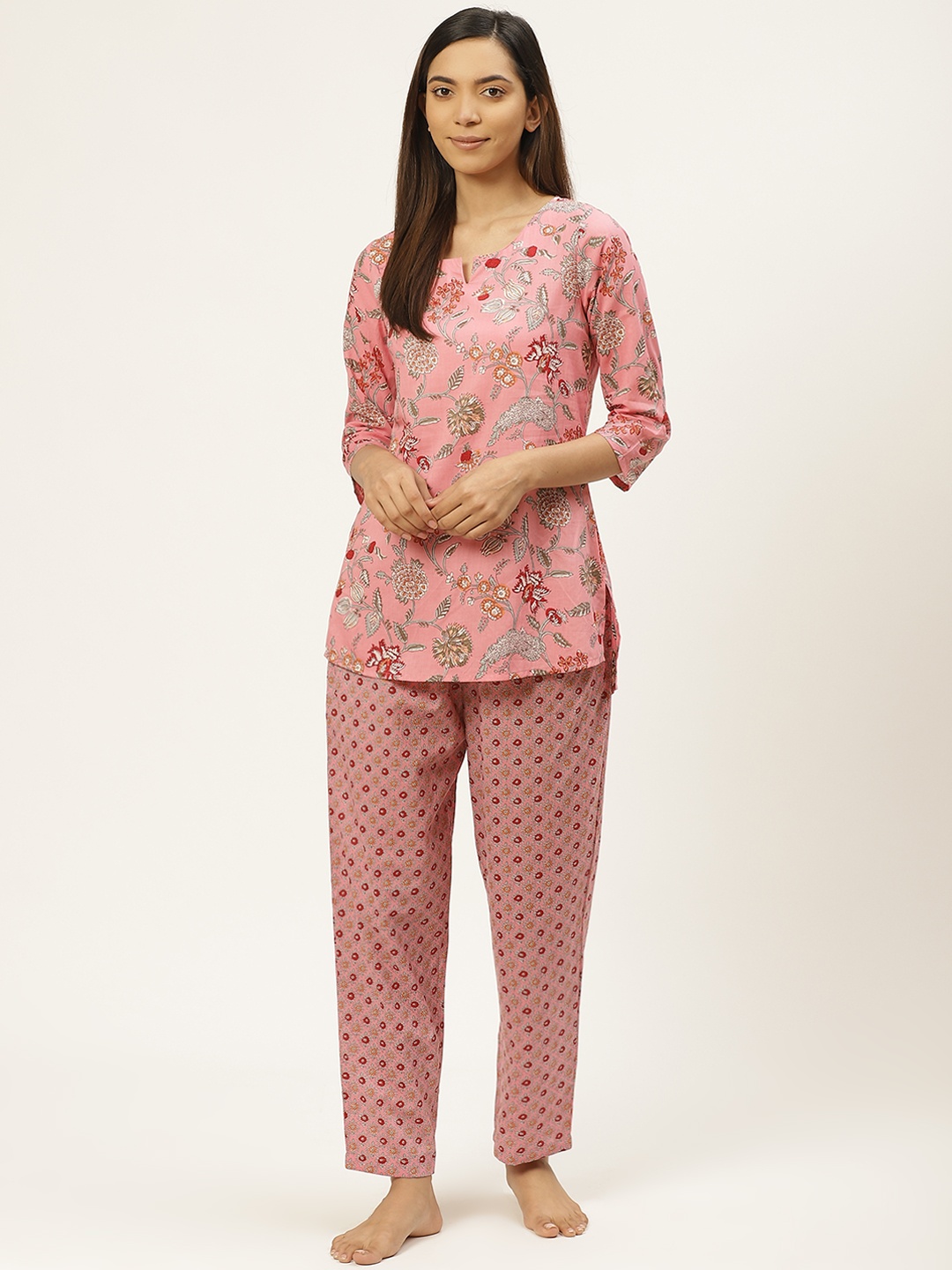 

Prakrti Women Pink & Red Floral Jaal & Boota Print Pure Cotton Night suit