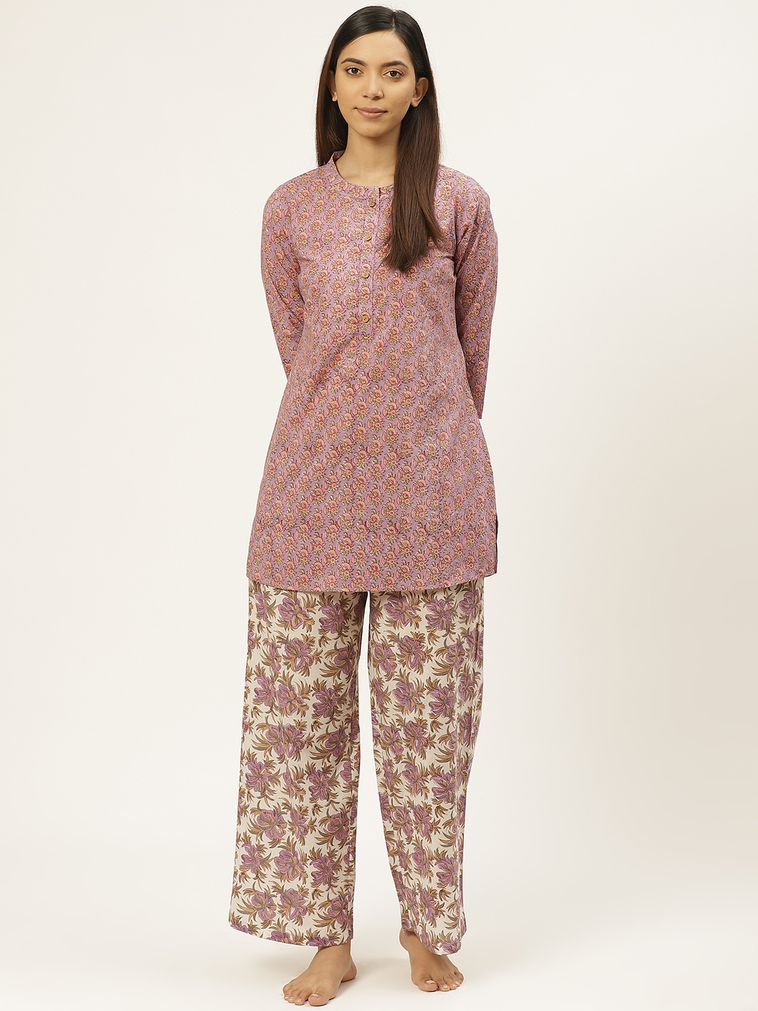 

Prakrti Women Purple & White Pure Cotton Handblock Print Sustainable Night suit