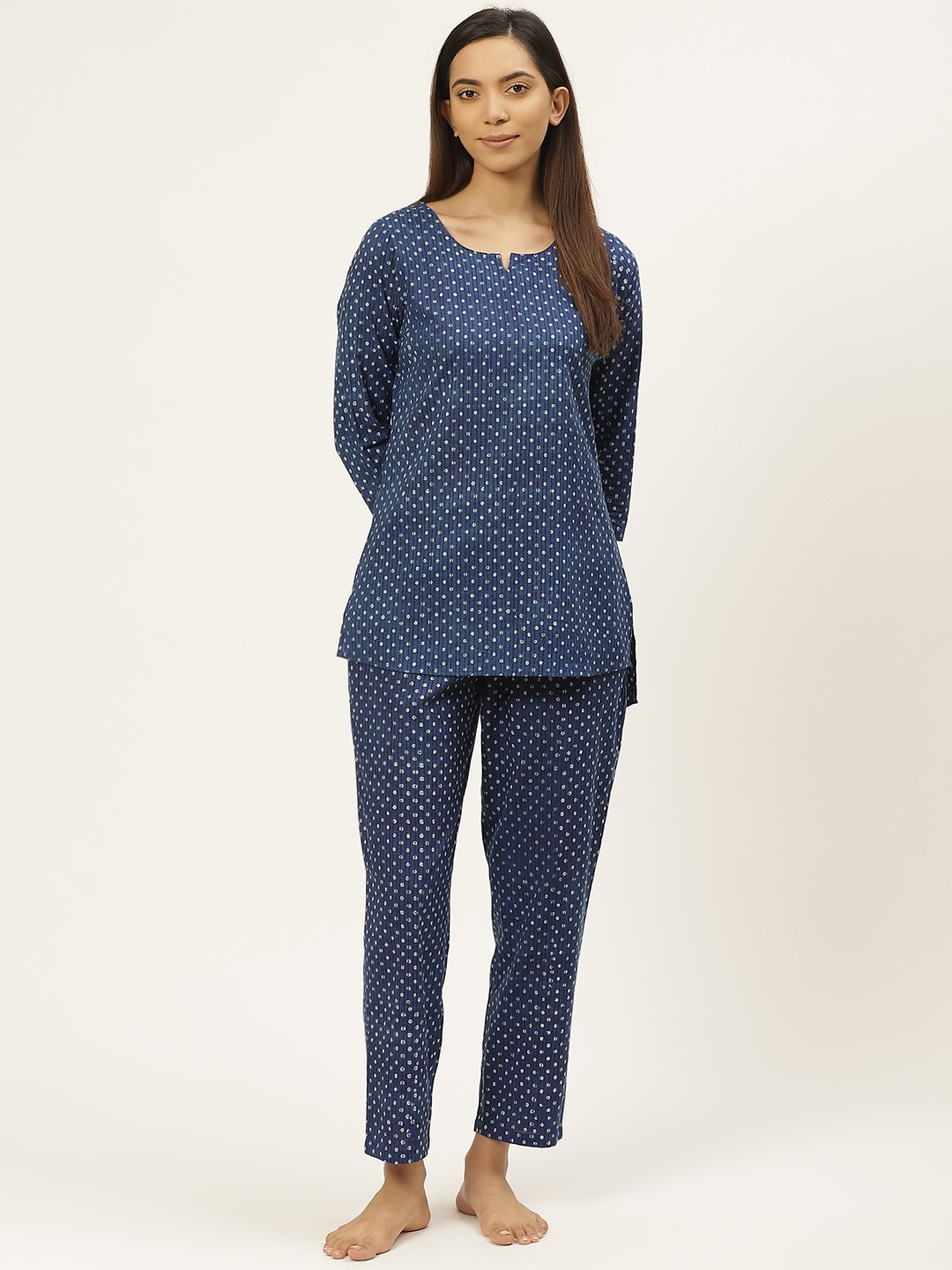 

Prakrti Women Navy Blue Pure Cotton Handblock Print Sustainable Night suit