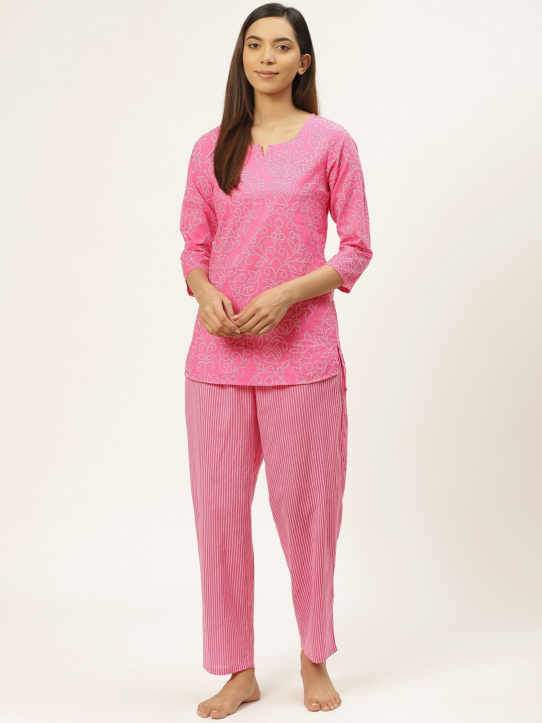 

Prakrti Women Pink & White Handblock Printed Pure Cotton Night suit